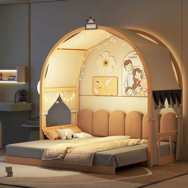 Letto per bambini in legno Naturale/Bianco/Grigio, letto a baldacchino ad arco con tenda e lavagna, per 1 bambino