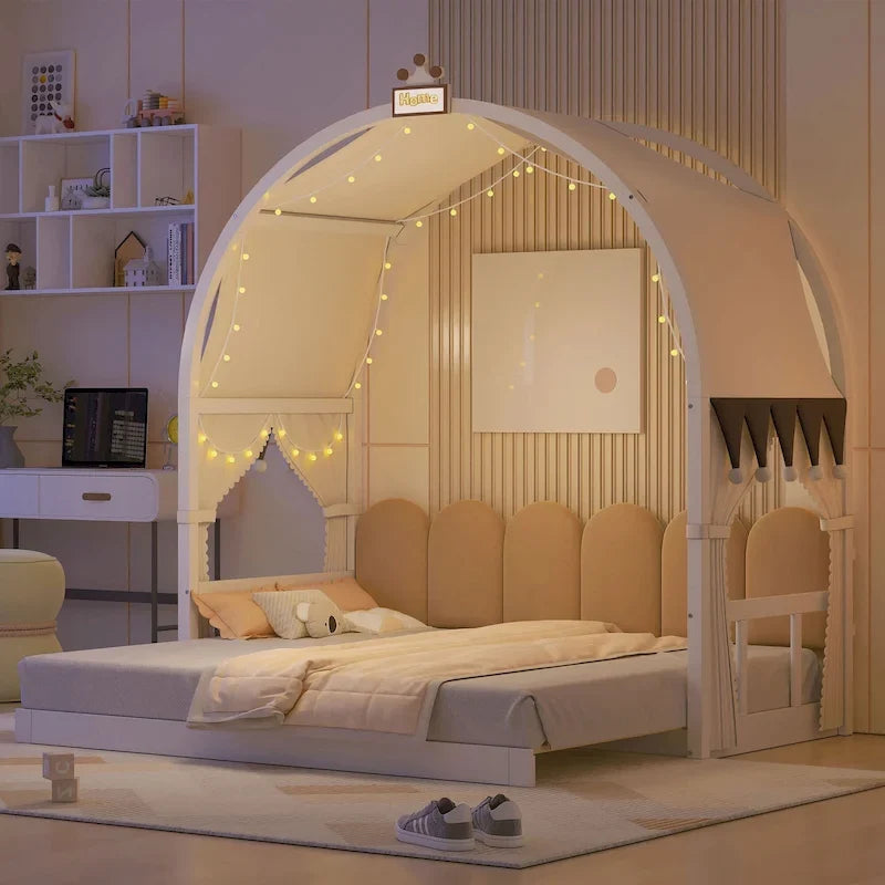 Letto per bambini in legno Naturale/Bianco/Grigio, letto a baldacchino ad arco con tenda e lavagna, per 1 bambino