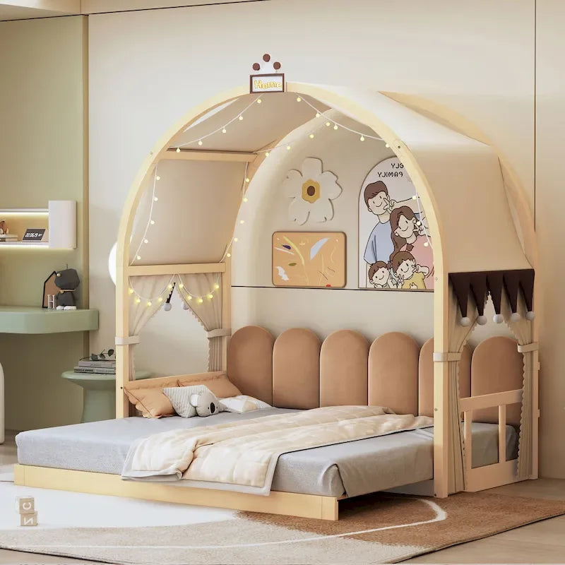 Letto per bambini in legno Naturale/Bianco/Grigio, letto a baldacchino ad arco con tenda e lavagna, per 1 bambino
