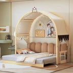 Letto per bambini in legno Naturale/Bianco/Grigio, letto a baldacchino ad arco con tenda e lavagna, per 1 bambino