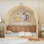 Letto per bambini in legno Naturale/Bianco/Grigio, letto a baldacchino ad arco con tenda e lavagna, per 1 bambino