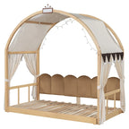 Letto per bambini in legno Naturale/Bianco/Grigio, letto a baldacchino ad arco con tenda e lavagna, per 1 bambino