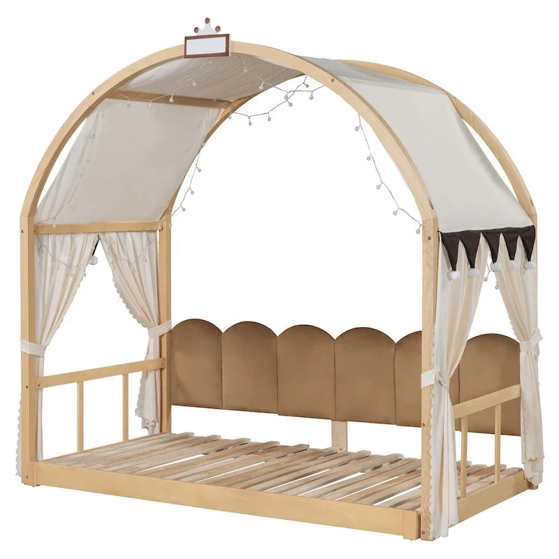 Letto per bambini in legno Naturale/Bianco/Grigio, letto a baldacchino ad arco con tenda e lavagna, per 1 bambino