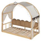 Letto per bambini in legno Naturale/Bianco/Grigio, letto a baldacchino ad arco con tenda e lavagna, per 1 bambino