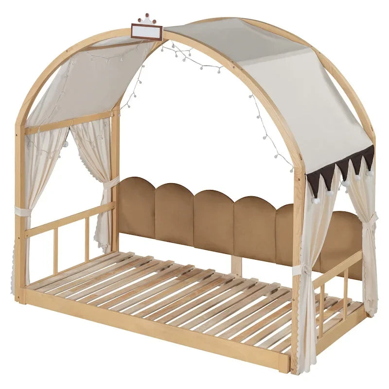 Letto per bambini in legno Naturale/Bianco/Grigio, letto a baldacchino ad arco con tenda e lavagna, per 1 bambino