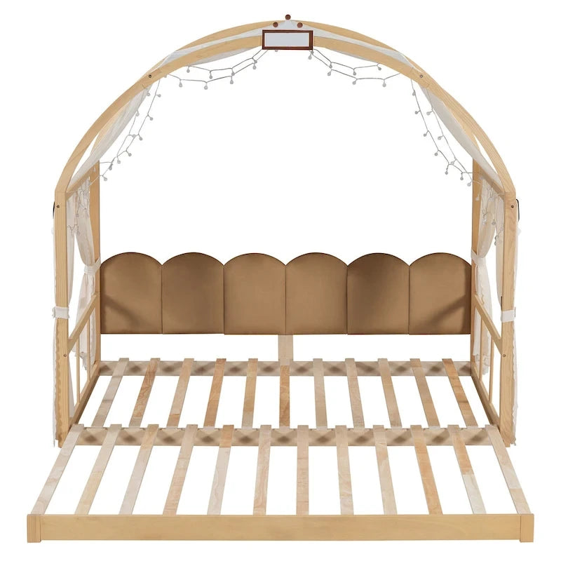 Letto per bambini in legno Naturale/Bianco/Grigio, letto a baldacchino ad arco con tenda e lavagna, per 1 bambino