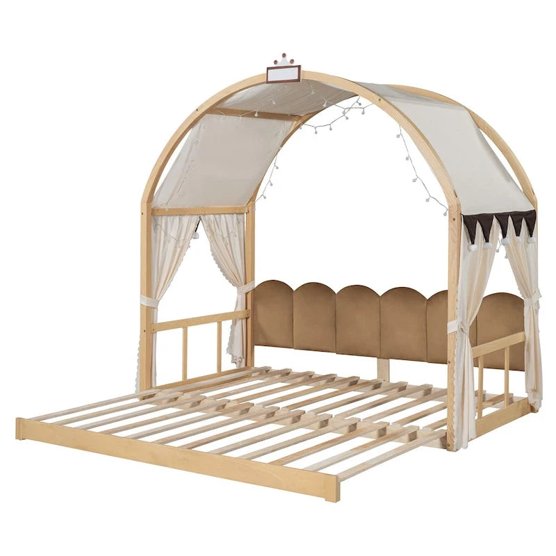 Letto per bambini in legno Naturale/Bianco/Grigio, letto a baldacchino ad arco con tenda e lavagna, per 1 bambino
