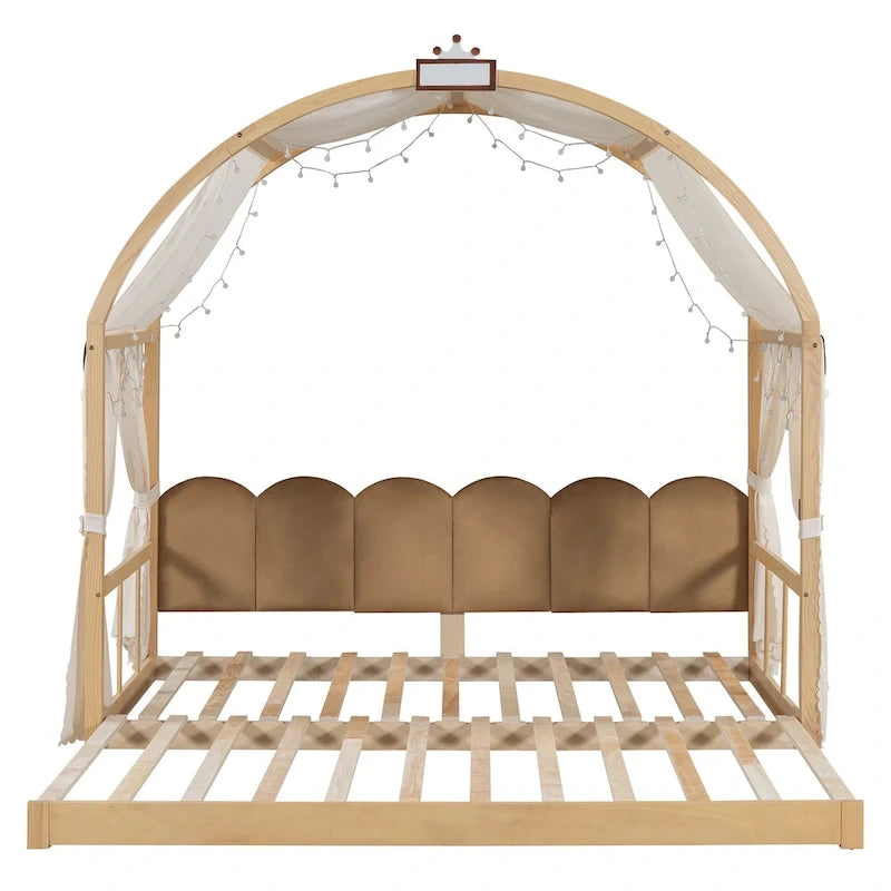 Letto per bambini in legno Naturale/Bianco/Grigio, letto a baldacchino ad arco con tenda e lavagna, per 1 bambino