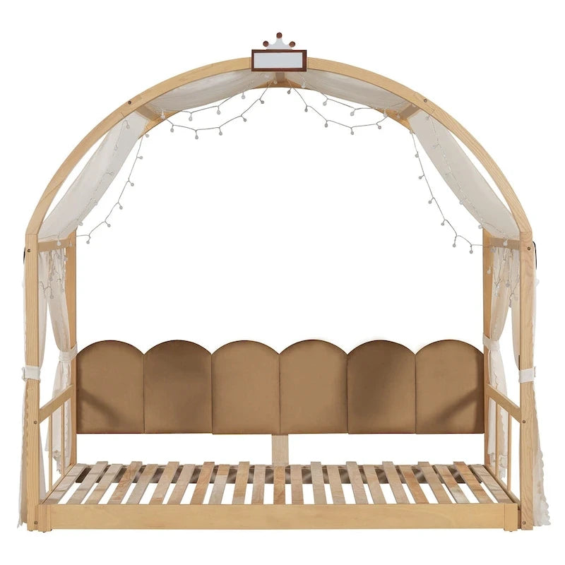 Letto per bambini in legno Naturale/Bianco/Grigio, letto a baldacchino ad arco con tenda e lavagna, per 1 bambino