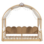 Letto per bambini in legno Naturale/Bianco/Grigio, letto a baldacchino ad arco con tenda e lavagna, per 1 bambino