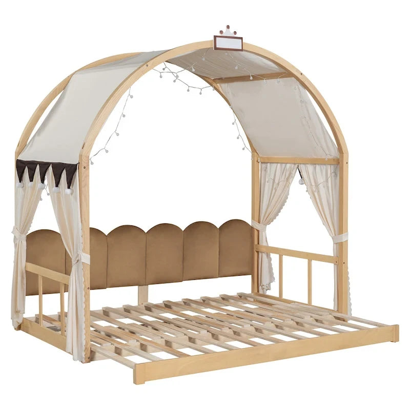 Letto per bambini in legno Naturale/Bianco/Grigio, letto a baldacchino ad arco con tenda e lavagna, per 1 bambino