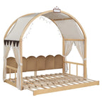 Letto per bambini in legno Naturale/Bianco/Grigio, letto a baldacchino ad arco con tenda e lavagna, per 1 bambino