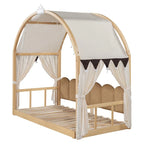 Letto per bambini in legno Naturale/Bianco/Grigio, letto a baldacchino ad arco con tenda e lavagna, per 1 bambino
