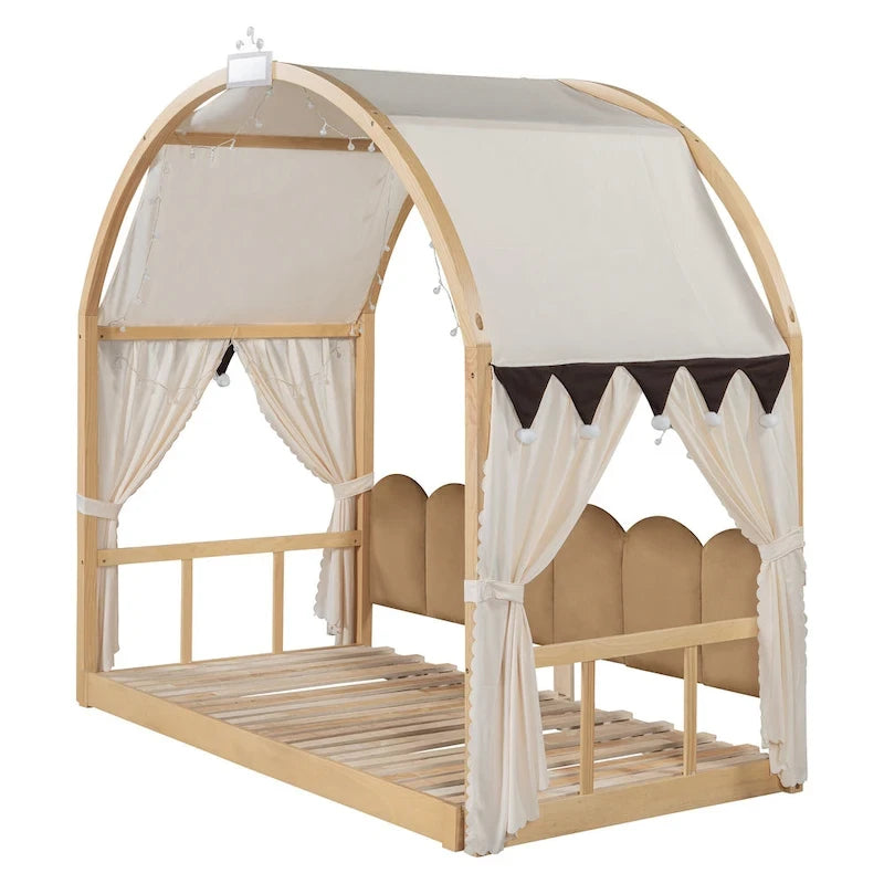 Letto per bambini in legno Naturale/Bianco/Grigio, letto a baldacchino ad arco con tenda e lavagna, per 1 bambino