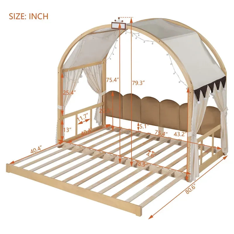 Letto per bambini in legno Naturale/Bianco/Grigio, letto a baldacchino ad arco con tenda e lavagna, per 1 bambino