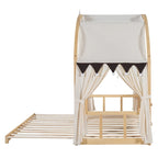 Letto per bambini in legno Naturale/Bianco/Grigio, letto a baldacchino ad arco con tenda e lavagna, per 1 bambino