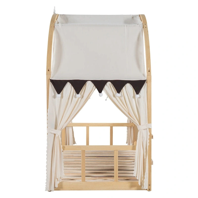 Letto per bambini in legno Naturale/Bianco/Grigio, letto a baldacchino ad arco con tenda e lavagna, per 1 bambino
