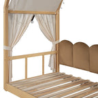 Letto per bambini in legno Naturale/Bianco/Grigio, letto a baldacchino ad arco con tenda e lavagna, per 1 bambino