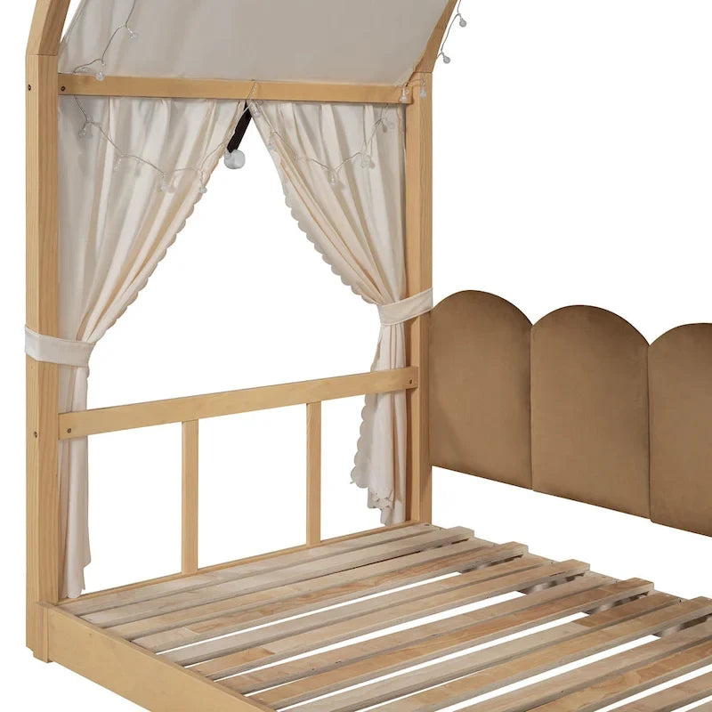 Letto per bambini in legno Naturale/Bianco/Grigio, letto a baldacchino ad arco con tenda e lavagna, per 1 bambino