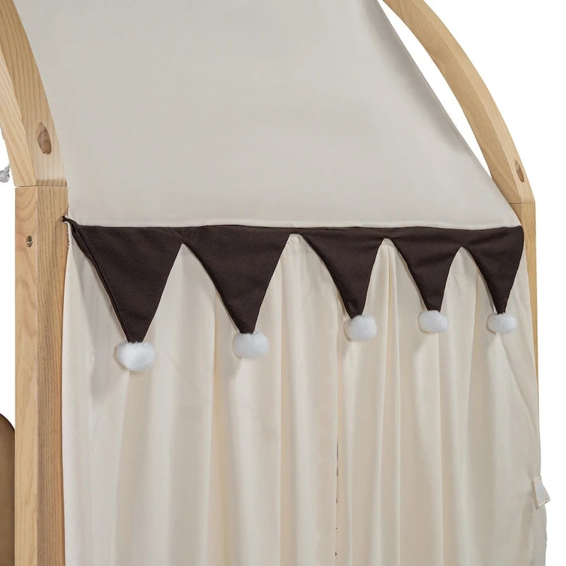 Letto per bambini in legno Naturale/Bianco/Grigio, letto a baldacchino ad arco con tenda e lavagna, per 1 bambino