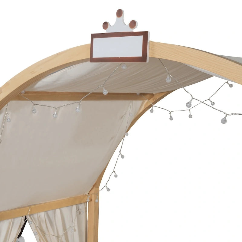 Letto per bambini in legno Naturale/Bianco/Grigio, letto a baldacchino ad arco con tenda e lavagna, per 1 bambino