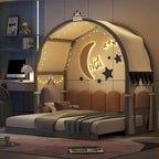 Letto per bambini in legno Naturale/Bianco/Grigio, letto a baldacchino ad arco con tenda e lavagna, per 1 bambino