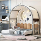 Letto per bambini in legno Naturale/Bianco/Grigio, letto a baldacchino ad arco con tenda e lavagna, per 1 bambino