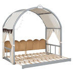 Letto per bambini in legno Naturale/Bianco/Grigio, letto a baldacchino ad arco con tenda e lavagna, per 1 bambino