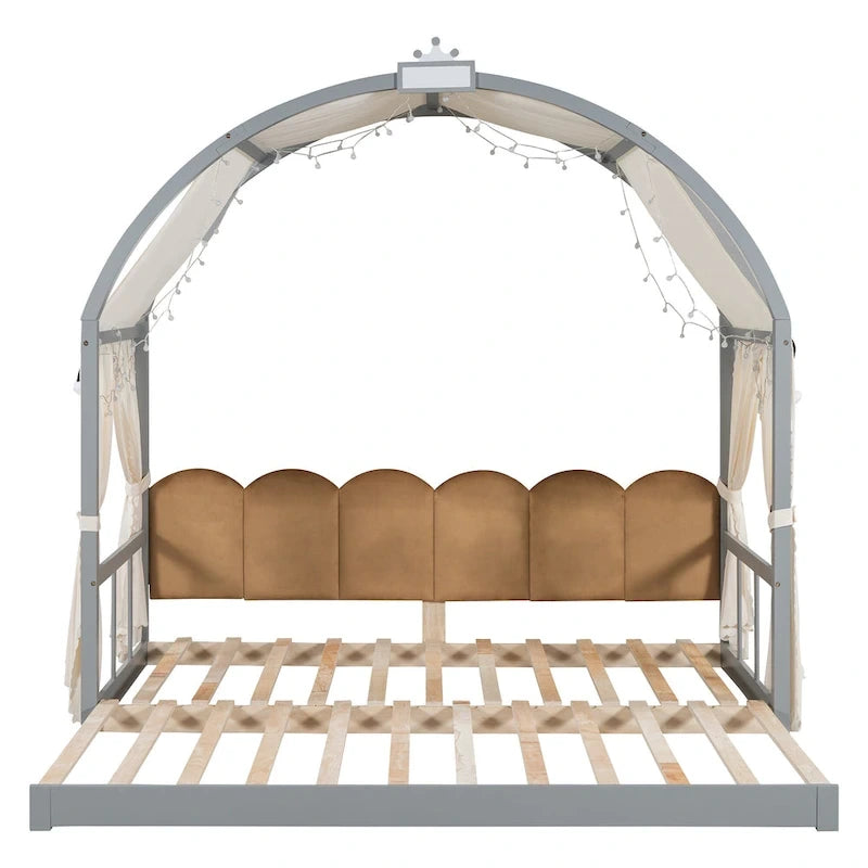 Letto per bambini in legno Naturale/Bianco/Grigio, letto a baldacchino ad arco con tenda e lavagna, per 1 bambino