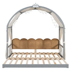 Letto per bambini in legno Naturale/Bianco/Grigio, letto a baldacchino ad arco con tenda e lavagna, per 1 bambino