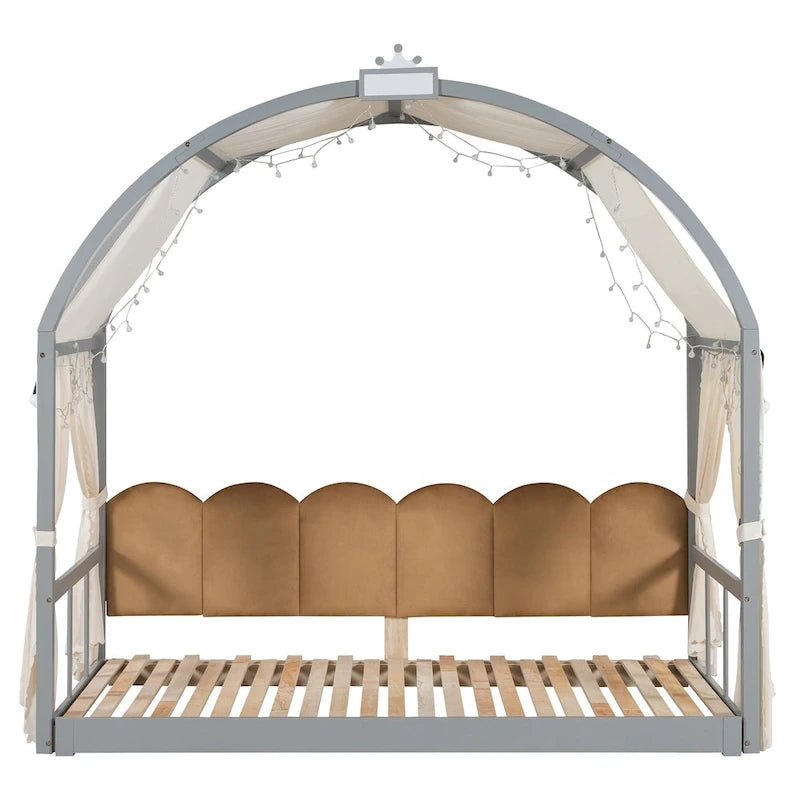 Letto per bambini in legno Naturale/Bianco/Grigio, letto a baldacchino ad arco con tenda e lavagna, per 1 bambino