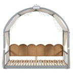 Letto per bambini in legno Naturale/Bianco/Grigio, letto a baldacchino ad arco con tenda e lavagna, per 1 bambino