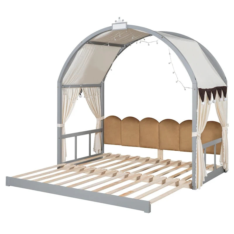 Letto per bambini in legno Naturale/Bianco/Grigio, letto a baldacchino ad arco con tenda e lavagna, per 1 bambino
