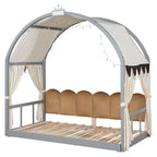 Letto per bambini in legno Naturale/Bianco/Grigio, letto a baldacchino ad arco con tenda e lavagna, per 1 bambino