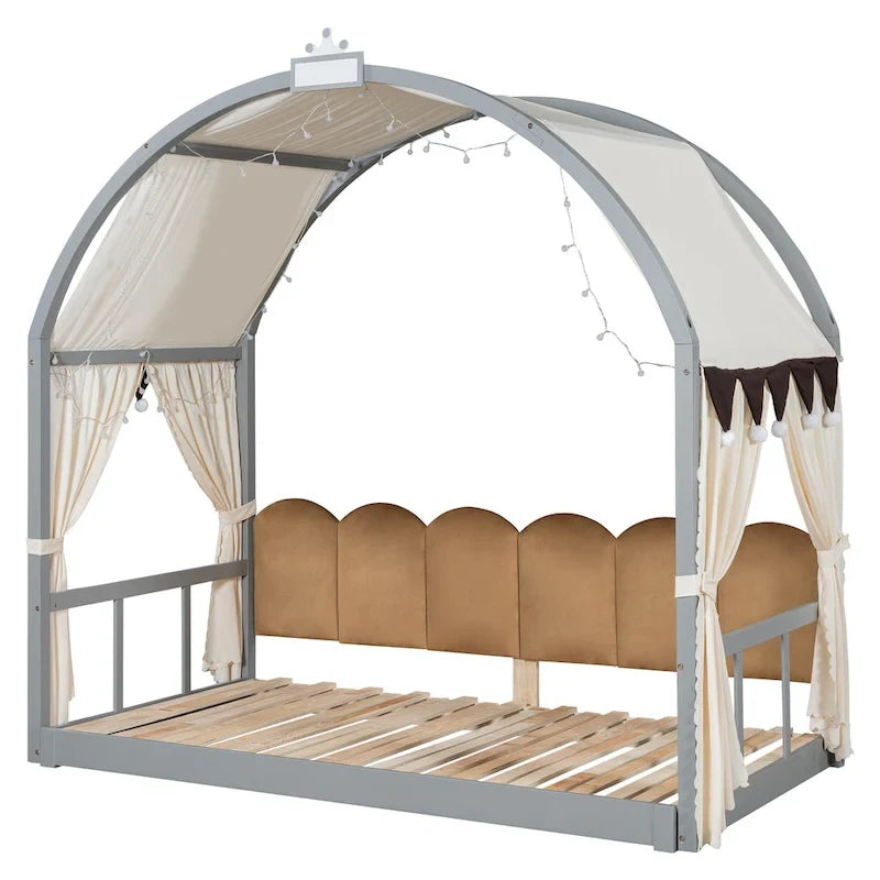 Letto per bambini in legno Naturale/Bianco/Grigio, letto a baldacchino ad arco con tenda e lavagna, per 1 bambino