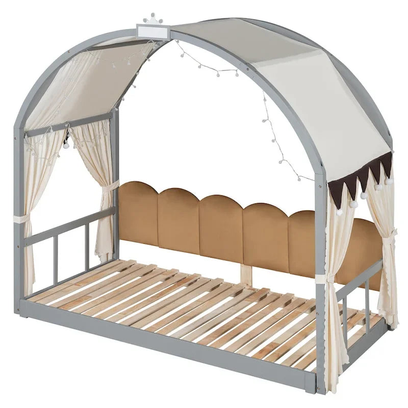 Letto per bambini in legno Naturale/Bianco/Grigio, letto a baldacchino ad arco con tenda e lavagna, per 1 bambino