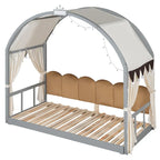Letto per bambini in legno Naturale/Bianco/Grigio, letto a baldacchino ad arco con tenda e lavagna, per 1 bambino