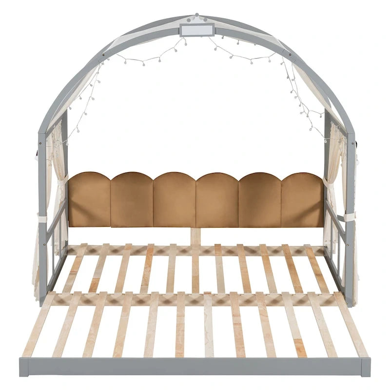 Letto per bambini in legno Naturale/Bianco/Grigio, letto a baldacchino ad arco con tenda e lavagna, per 1 bambino