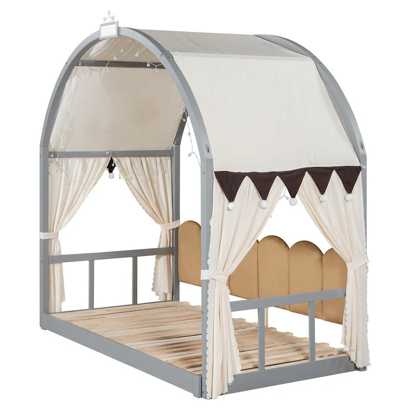 Letto per bambini in legno Naturale/Bianco/Grigio, letto a baldacchino ad arco con tenda e lavagna, per 1 bambino