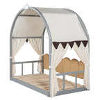 Letto per bambini in legno Naturale/Bianco/Grigio, letto a baldacchino ad arco con tenda e lavagna, per 1 bambino