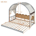 Letto per bambini in legno Naturale/Bianco/Grigio, letto a baldacchino ad arco con tenda e lavagna, per 1 bambino