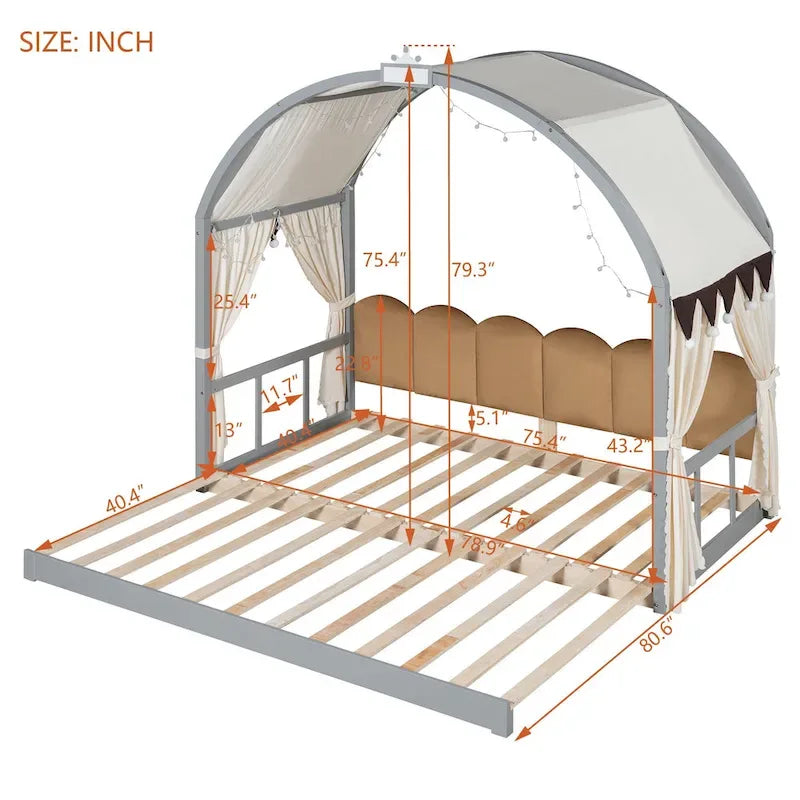 Letto per bambini in legno Naturale/Bianco/Grigio, letto a baldacchino ad arco con tenda e lavagna, per 1 bambino