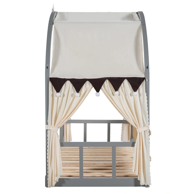 Letto per bambini in legno Naturale/Bianco/Grigio, letto a baldacchino ad arco con tenda e lavagna, per 1 bambino