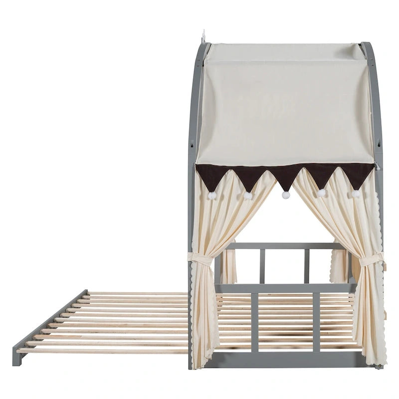 Letto per bambini in legno Naturale/Bianco/Grigio, letto a baldacchino ad arco con tenda e lavagna, per 1 bambino