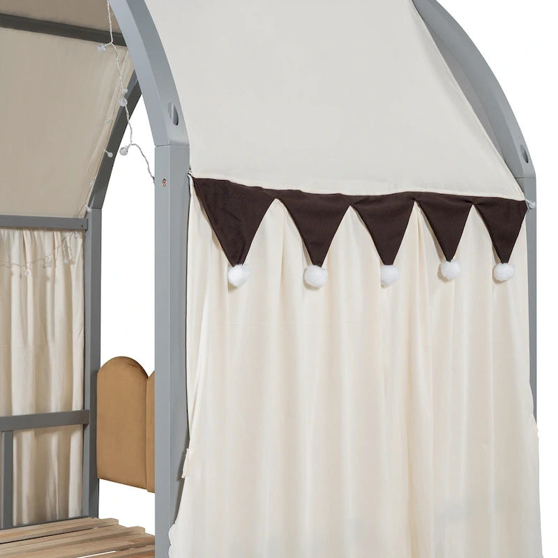 Letto per bambini in legno Naturale/Bianco/Grigio, letto a baldacchino ad arco con tenda e lavagna, per 1 bambino