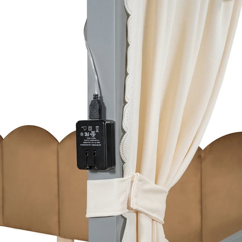 Letto per bambini in legno Naturale/Bianco/Grigio, letto a baldacchino ad arco con tenda e lavagna, per 1 bambino