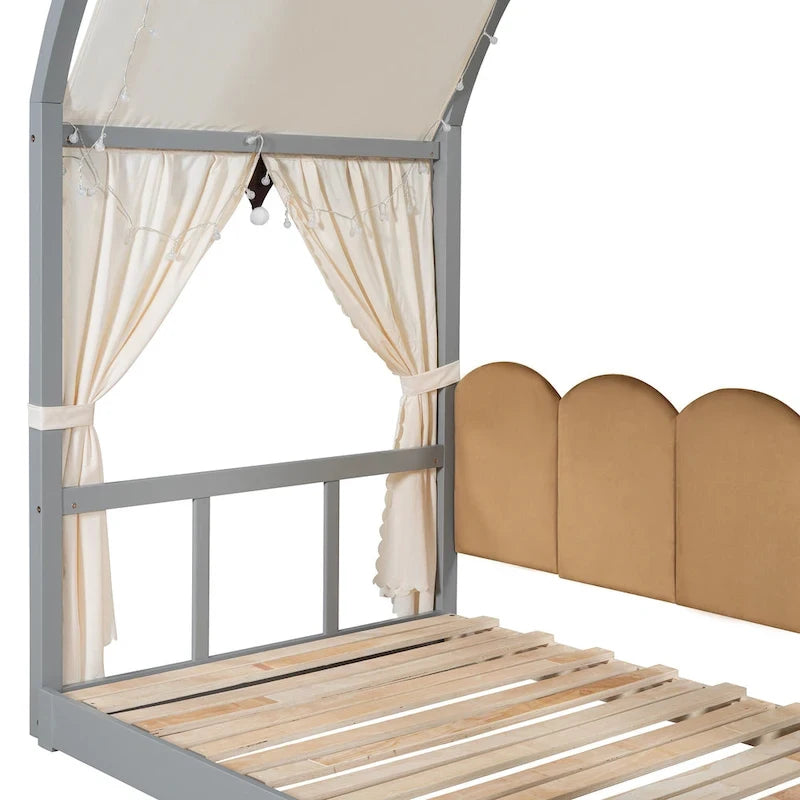 Letto per bambini in legno Naturale/Bianco/Grigio, letto a baldacchino ad arco con tenda e lavagna, per 1 bambino