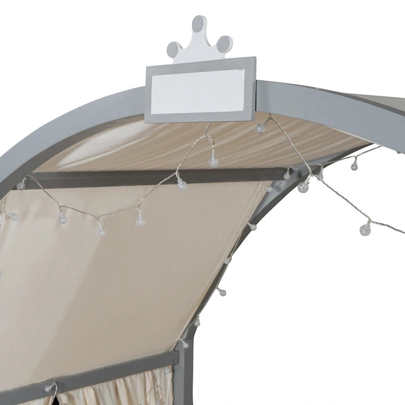 Letto per bambini in legno Naturale/Bianco/Grigio, letto a baldacchino ad arco con tenda e lavagna, per 1 bambino