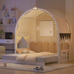 Letto per bambini in legno Naturale/Bianco/Grigio, letto a baldacchino ad arco con tenda e lavagna, per 1 bambino