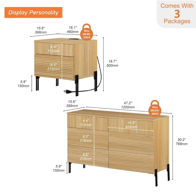 Set Camera da Letto Scanalato in Rovere 3 Pezzi – Cassettiera a 6 Cassetti e 2 Comodini (per 1–2 Persone)